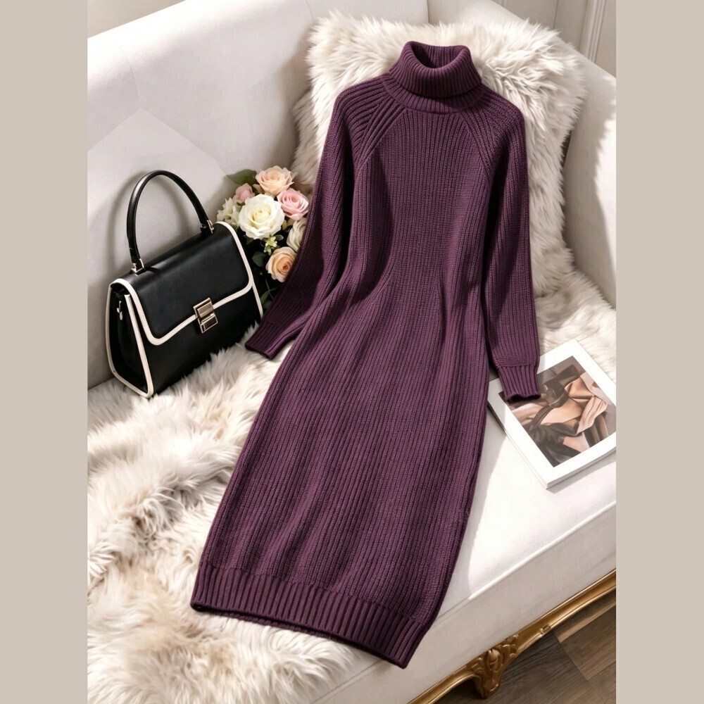 Plum Purple Ribbed Knit Turtleneck Long Sleeve Maxi Sweater Dress - Picture 2 of 7